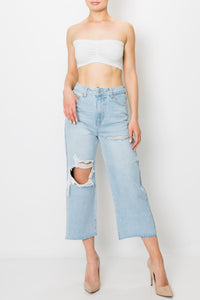 Light Wash Destroyed Raw Cut Hem Wide Leg Jeans