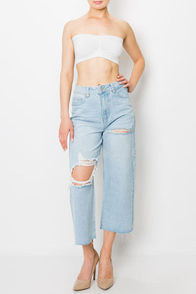 Light Wash Destroyed Raw Cut Hem Wide Leg Jeans
