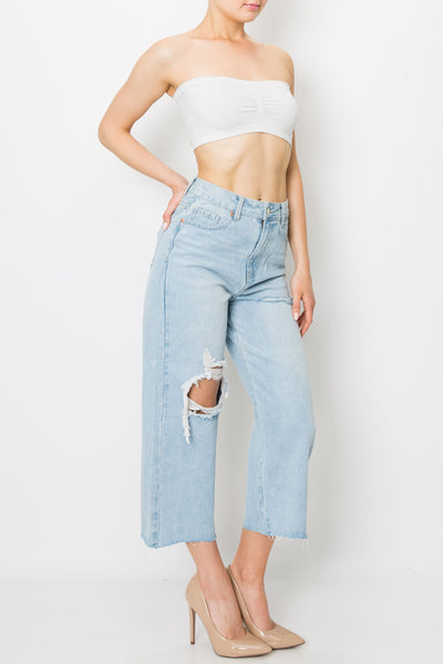 Light Wash Destroyed Raw Cut Hem Wide Leg Jeans