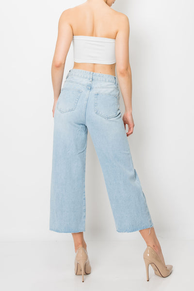 Light Wash Destroyed Raw Cut Hem Wide Leg Jeans