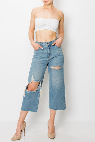 Medium Wash Destroyed Raw Cut Hem Wide Leg Jeans