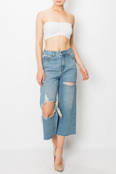 Medium Wash Destroyed Raw Cut Hem Wide Leg Jeans