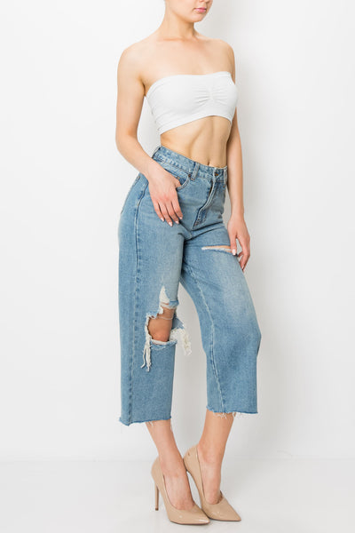 Medium Wash Destroyed Raw Cut Hem Wide Leg Jeans