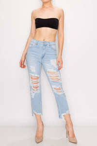 Light Wash Destroyed Step Fray Hem Straight Jeans