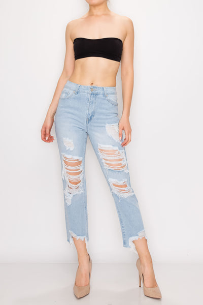 Light Wash Destroyed Step Fray Hem Straight Jeans