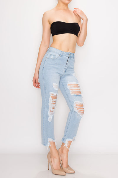 Light Wash Destroyed Step Fray Hem Straight Jeans