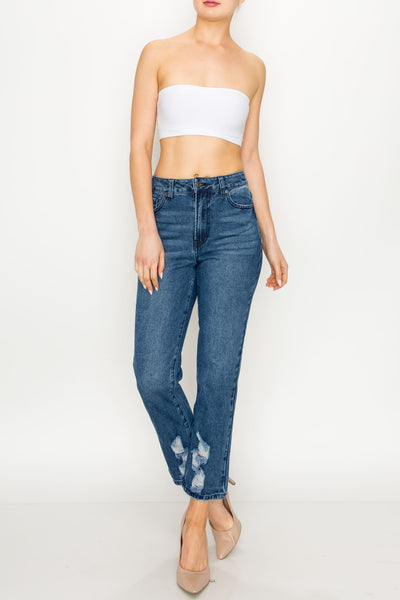 Medium Wash Non-stretch Ripped Straight Jeans