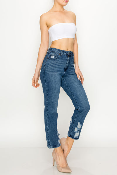 Medium Wash Non-stretch Ripped Straight Jeans