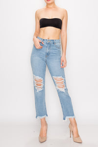 Light Wash Destroyed Straight Jeans