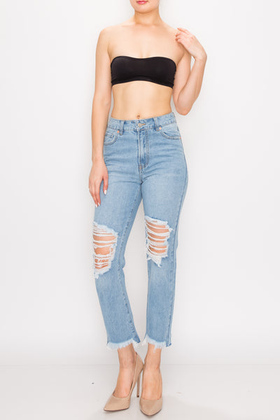 Light Wash Destroyed Straight Jeans