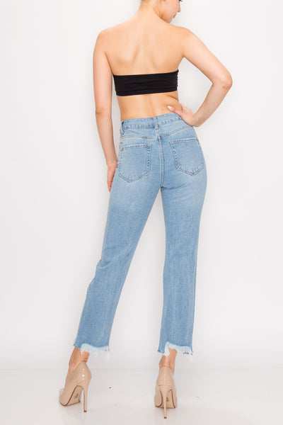Light Wash Destroyed Straight Jeans