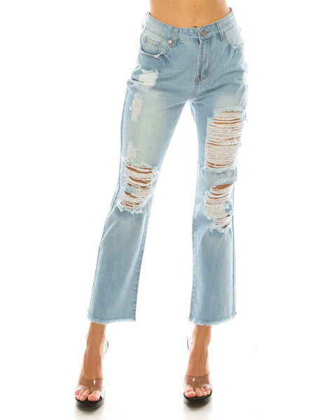 Light Wash Destroyed Straight Jeans