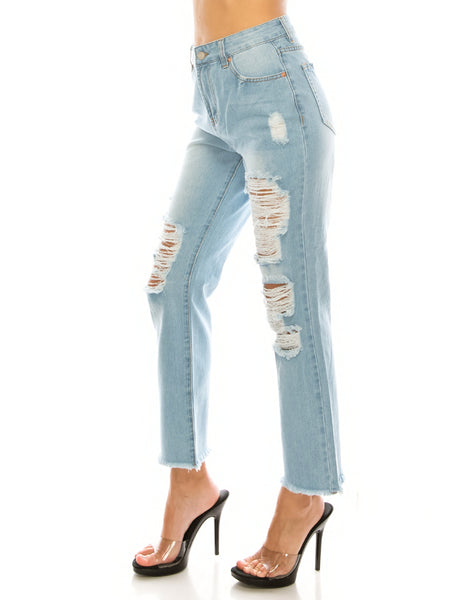 Light Wash Destroyed Straight Jeans
