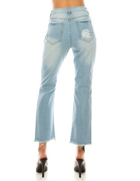 Light Wash Destroyed Straight Jeans