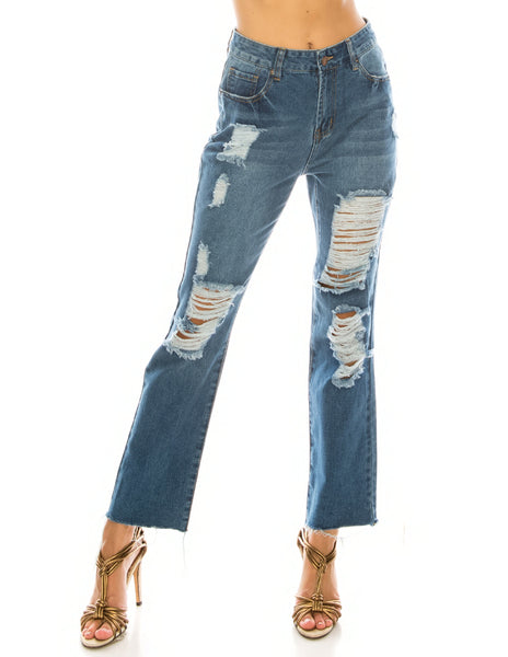 Medium Wash Destroyed Straight Jeans