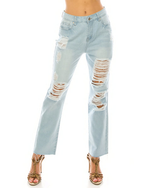 Light Wash Destroyed Straight Jeans