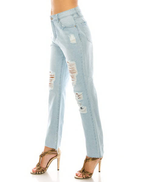 Light Wash Destroyed Straight Jeans
