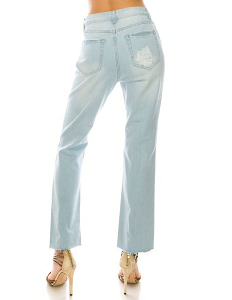 Light Wash Destroyed Straight Jeans