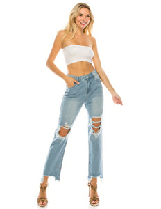 Light Wash Destroyed Step Fray Hem Straight Jeans