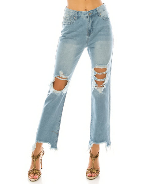 Light Wash Destroyed Step Fray Hem Straight Jeans