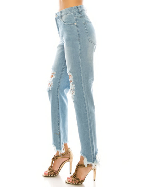 Light Wash Destroyed Step Fray Hem Straight Jeans