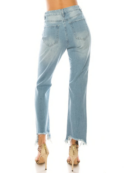 Light Wash Destroyed Step Fray Hem Straight Jeans