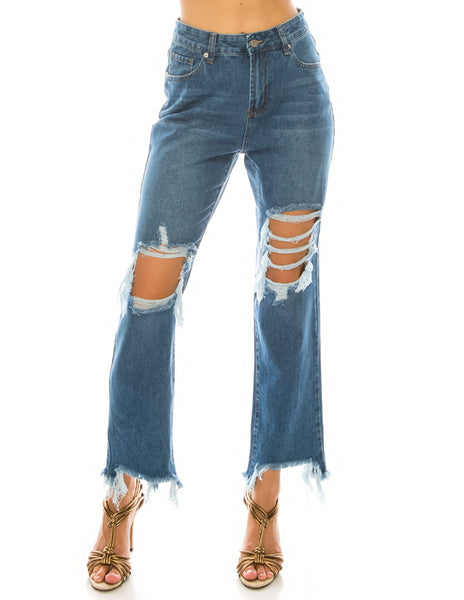 Medium Wash Destroyed Step Fray Hem Straight Jeans