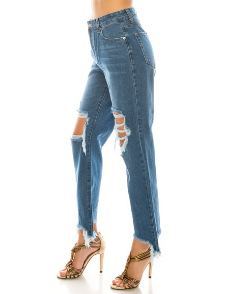 Medium Wash Destroyed Step Fray Hem Straight Jeans