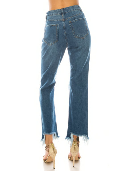 Medium Wash Destroyed Step Fray Hem Straight Jeans