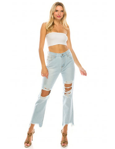 Light Wash Destroyed Step Fray Hem Straight Jeans