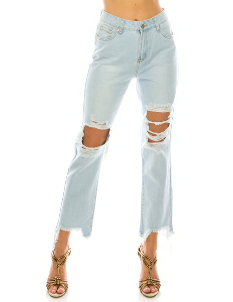 Light Wash Destroyed Step Fray Hem Straight Jeans