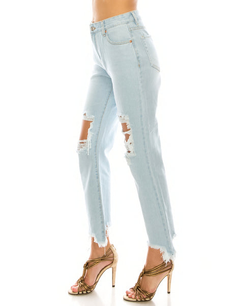 Light Wash Destroyed Step Fray Hem Straight Jeans