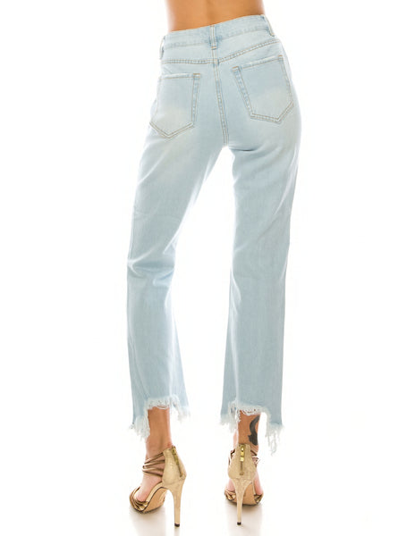 Light Wash Destroyed Step Fray Hem Straight Jeans