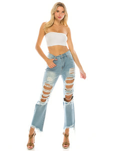 Light Wash Destroyed Step Fray Hem Straight Jeans
