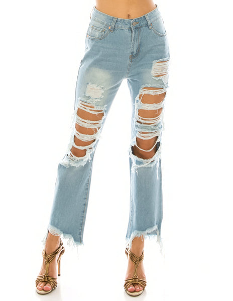Light Wash Destroyed Step Fray Hem Straight Jeans