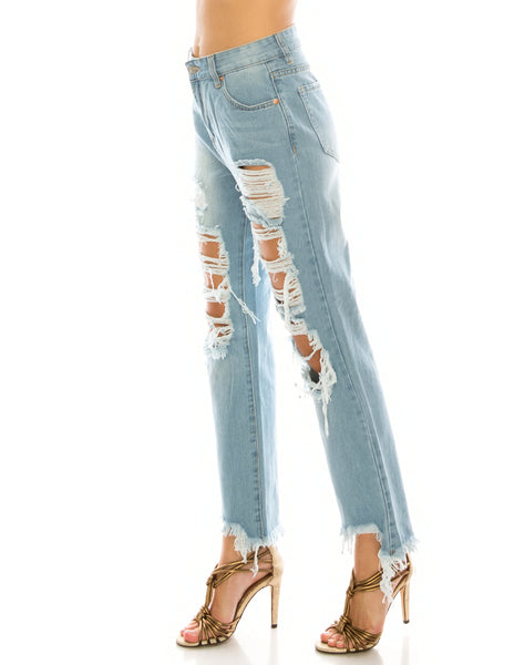 Light Wash Destroyed Step Fray Hem Straight Jeans