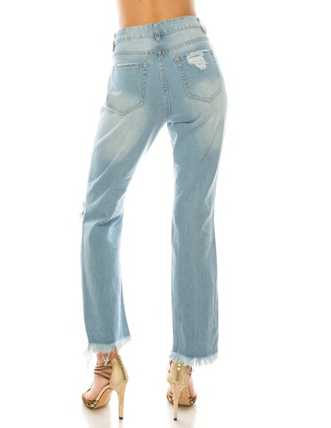 Light Wash Destroyed Step Fray Hem Straight Jeans