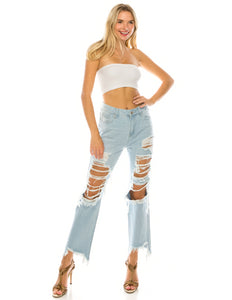 Light Wash Destroyed Step Fray Hem Straight Jeans