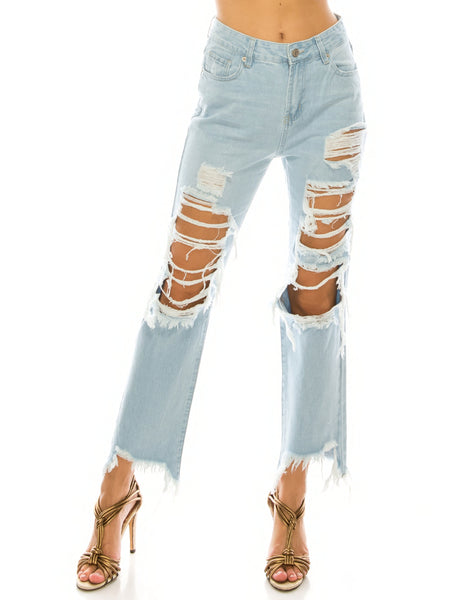 Light Wash Destroyed Step Fray Hem Straight Jeans