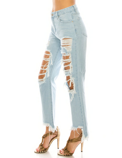 Light Wash Destroyed Step Fray Hem Straight Jeans