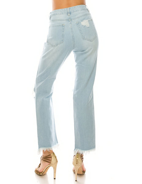 Light Wash Destroyed Step Fray Hem Straight Jeans