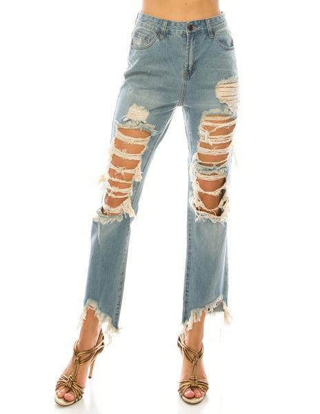Vintage Wash Destroyed Step Fray Hem Straight Jeans