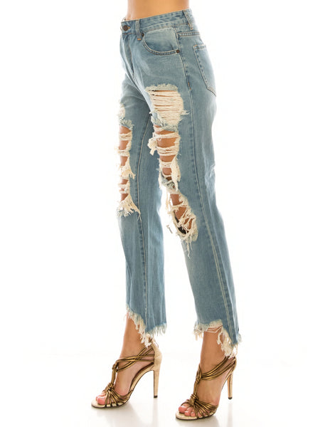 Vintage Wash Destroyed Step Fray Hem Straight Jeans