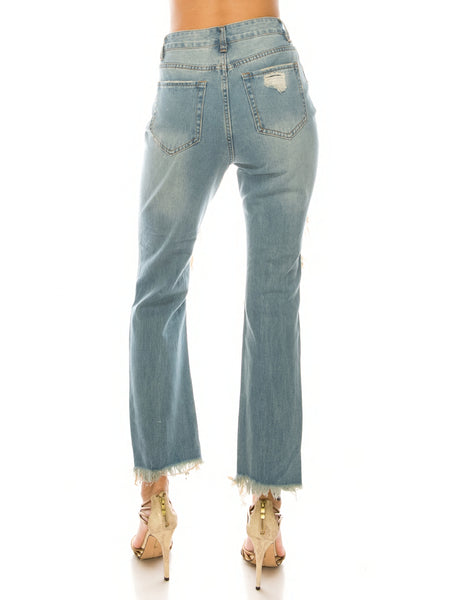 Vintage Wash Destroyed Step Fray Hem Straight Jeans