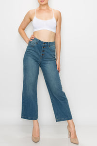 Vintage Wash Button Fly Wide Leg Jeans