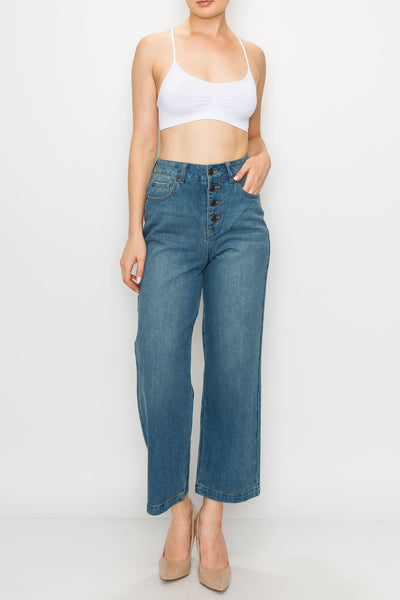 Vintage Wash Button Fly Wide Leg Jeans