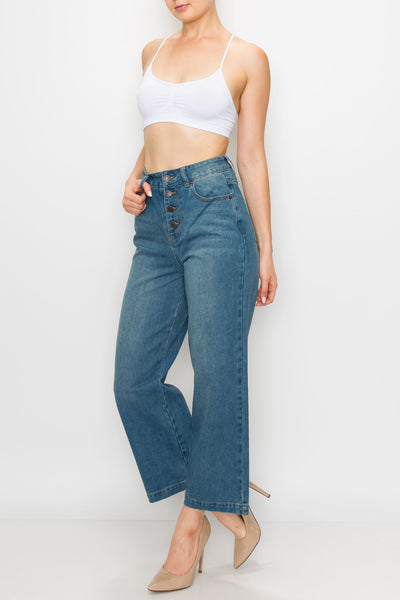 Vintage Wash Button Fly Wide Leg Jeans