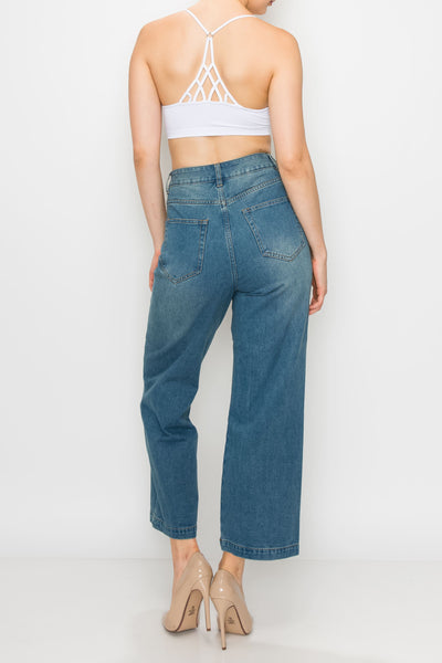 Vintage Wash Button Fly Wide Leg Jeans