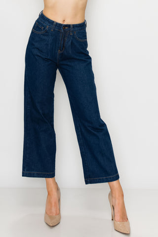 Dark Wash Pleated Wide Leg Jeans