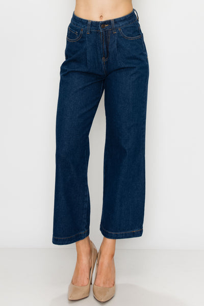 Dark Wash Pleated Wide Leg Jeans